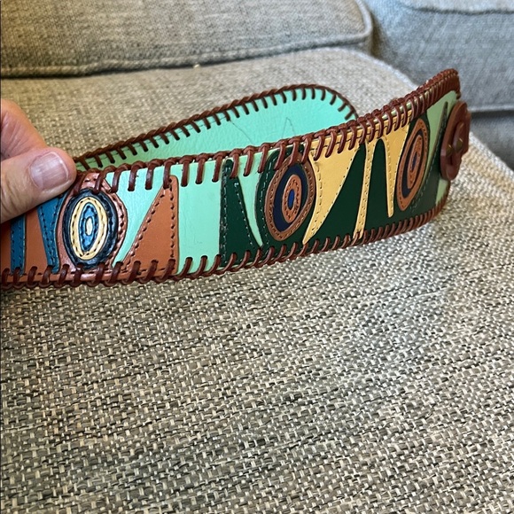 Colorful Patterned Leather Belt with whipstitching statement piece size small - Picture 3 of 8